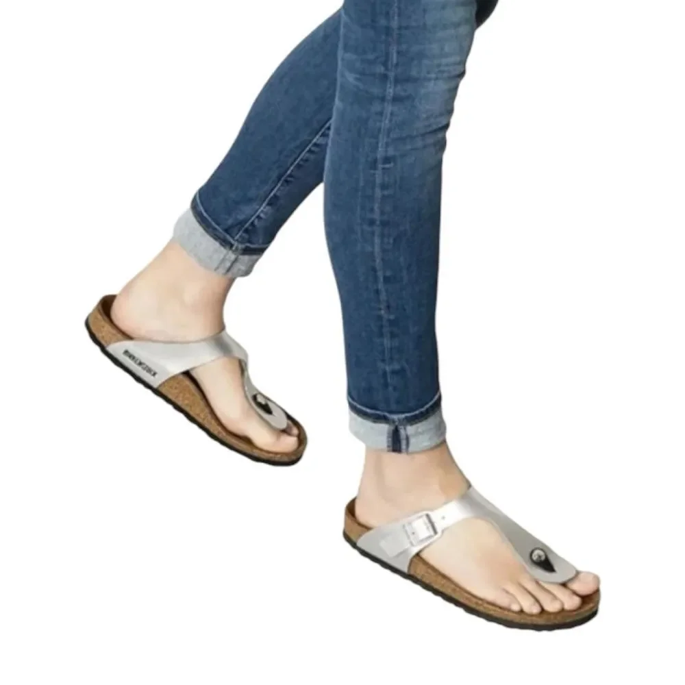 Birkenstock Gizeh Silver Birko-Flor Faux Vegan Leather Slip-On Thong Sandals 36